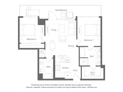 Floor plan for 2 beds, 2 baths, 1070 sqft